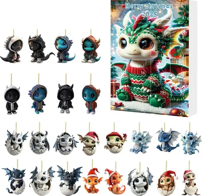 Produktbild von Weihnachts-Adventskalender 2025 mit Drachenmotiv, Sammlerstück, Cartoon-Drachen-Anhänger, 24-Tage-Countdown, 2D-Acryl-Anhänger, Weihnachtsdekoration