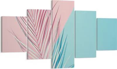 Produktbild von Bild auf Leinwand - Leinwandbild - 5 Teile - Blatt Rosa Türkis - 125x70cm - Wand Bild - Wanddeko - Wandbilder - Leinwanddruck - Bilder - Wanddekoration - Leinwand bilder - Wandbild - EA125x70-4421