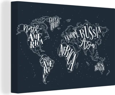 Produktbild von OneMillionCanvasses® - Leinwandbilder - 140x90 cm, Weltkarte - Schwarz - Weiß - Buchstaben, Wandbilder Kunstdruck Wanddekoration
