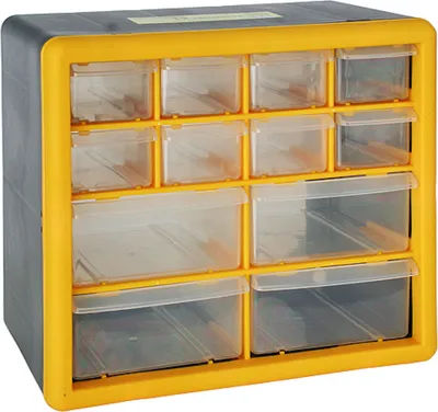 Produktbild von Cosimo Kleinteilemagazin mit 12 Schubfächer grau/gelb | HxBxT 23,5x26,5x16cm | Kleinteileregal, Sortimentsboxen, Sortimentskastenregal, Regalsystem