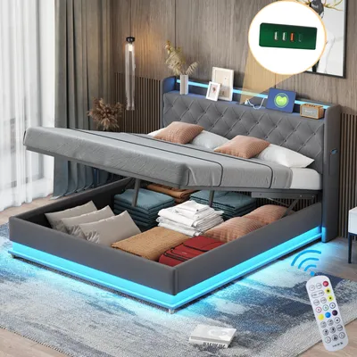 Zdjęcie produktu dla Łóżko tapicerowane LED 160x200 cm ze złączem USB do ładowania i schowkiem hydraulicznym, szara tkanina lniana przyjazna dla skóry
