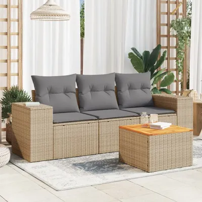 Produktbild von Design 4-tlg. Garten-Sofagarnitur mit Kissen Beige Poly Rattan, Gartenmöbel-Sets 2024 Neu
