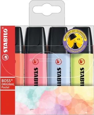 Immagine prodotto di Evidenziatore - STABILO BOSS ORIGINAL Pastel - Confezione da 4 - rosso corallo, rosa fiore di ciliegio, blu nuvola, pizzico di lime