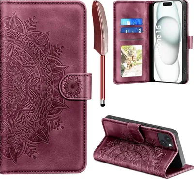 Produktbild von iPhone 15 Lederhülle Wallet Case Weinrot Magnet Ständer Kartenfach