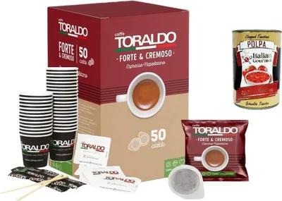 Produktbild von Caffè Toraldo Forte & Cremoso Kit – Espresso Napoletano, 50 E.S.E. 44 mm Cialde + Becher, Zucker, Rührstäbchen, dunkle Röstung, kompostierbar –  Italy + Italian Gourmet polpa