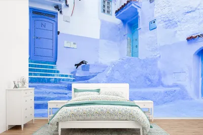 Produktbild von MuchoWow® Fototapete für Wohnzimmer oder Schlafzimmer Wandtapete Vinyl Motivtapete Straße - Blau - Türen - Architektur - 600x400 cm - Vinyltapeten