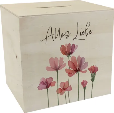 Produktbild von Aquarell Blumen Spardose aus Holz mit Spruch Alles Liebe