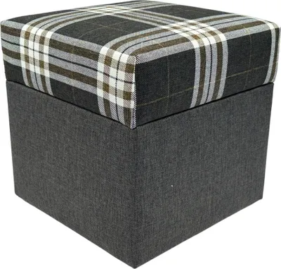 Produktbild von LOBOX Hocker 40x40 cm quadratisch mit Stauraum – aufklappbarer Sitzhocker aus zweifarbigem Flechtstoff im Karomuster – Graphit