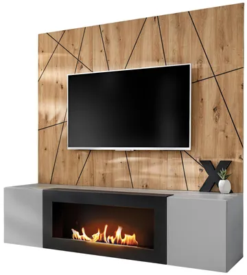 Produktbild von TV-Lowboard Set "iLike" hellgrau, schwarz und Artisan Eiche TV Unterteil mit Bio Ethanol Kamin und Akustikpaneel 160 cm