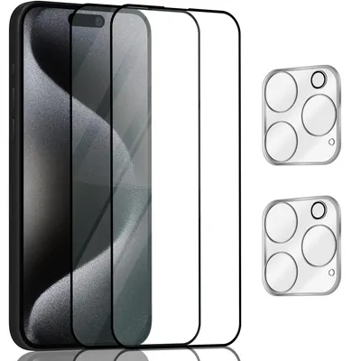Zdjęcie produktu dla 2-pak iPhone 15 Pro Szkło ochronne na ekran & 2-pak ochrona obiektywu - Szkło hartowane 9H - Super jakość 3D