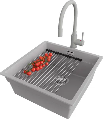 Produktbild von PRIMAGRAN Granitspüle Grau 46x47cm, Spülbecken 1 Becken + Küchenarmatur 38x14cm + Ablauf-Set + Küchenzubehörset, Küchenspüle ab 50er Unterschrank - Praga Slim
