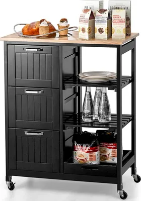 A black kitchen cart with a wooden top, filled with various items like bread, pastries, bottles of water, plates, and boxes of baking mix.
