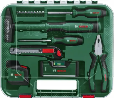 A Bosch tool kit laid out inside its case.