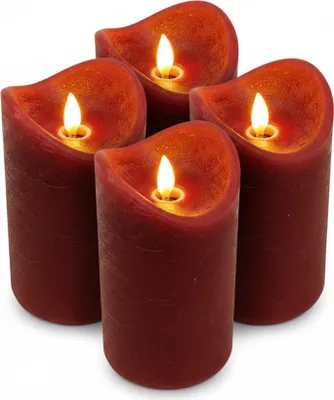 Four dark red LED candles with flickering flames are arranged in a cluster on a white background.