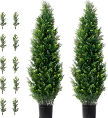 Zdjęcie produktu dla SucceBuy 48-calowe sztuczne drzewo cedrowe topiary, 2 sztuki. Sztuczna wiecznie zielona sosna cyprysowa z dodatkowymi liśćmi i doniczką. Chroniony przed promieniowaniem UV zestaw do dekoracji wewnątrz i na zewnątrz.