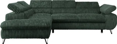 Produktbild von Ecksofa Sofa Grün, Wohnlandschaft L-Form mit Schlaffunktion und Bettkasten, Schlafsofa mit Bettkasten, Sofa mit Einstellbare Kopfstützen, Peter L - Grün Cord - Links Grün