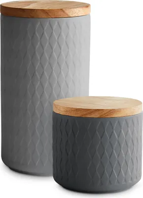 Produktbild von SPRINGLANE Keramik Vorratsdosen 2-tlg. Set mit Holzdeckel Grau, Kautschukholz-Deckel, Aufbewahrungsdosen, Frischhaltedosen