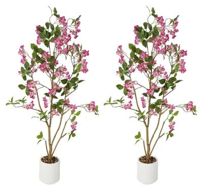 Image de Arbre de bougainvillier artificiel - Lot de 2 plantes de sol - 120 cm - En pot - Pour l'intérieur - Plastique - Rose vif