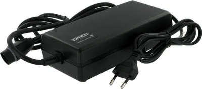 A black Yamaha e-bike charger with cables and a European plug.