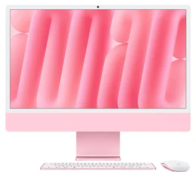 A pink Apple iMac computer with its keyboard and mouse, displayed against a white background.