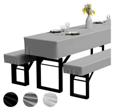 Produktbild von 3-teilige Bierzeltgarnitur Auflage, bestehend aus 2 Bierbank Hussen und 1 Biertisch Husse aus Polyester, waschbar und fixierbar, für Bankette im Freien (Grau, 220x70cm)