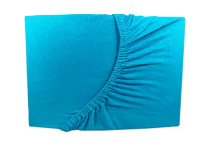 A folded turquoise blue fitted sheet is shown on a white background.
