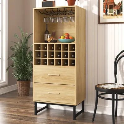 Produktbild von Weinkühler - Weinschränke - Flaschenregal - Weinspeicher - Weinflaschenhalter - Beige, Holzdesign - 18 Fächer mit 2 Schubladen