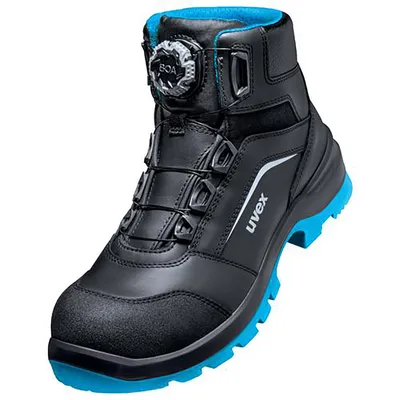 A black and blue work boot with a BOA lacing system.