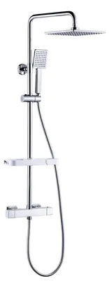 Image de Système de douche thermostatique avec étagère, finition chrome, hauteur réglable de 84 à 121 cm, en acier inoxydable