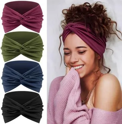 Produktbild von 4 Stück dünne Haarbänder für Damen, elastische weiche Stirnbänder für Sport, Yoga und Kosmetik, Haarschmuck für den Sommer in Schwarz, Lila, Grün und Blau