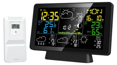 Image de Station météo numérique avec socle et capteur intérieur/extérieur, contrôlable via une application mobile. Station de prévisions météo dotée d'un écran couleur VA, transmission sans fil jusqu'à 150 m, fonction « snooze » (répétition de l'alarme), calendrier, thermomètre, hygromètre pour la maison