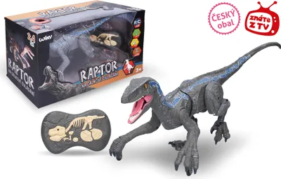 A toy dinosaur and its remote control are displayed next to the product packaging.