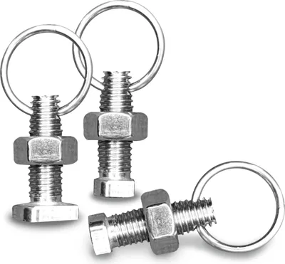 Three metal hammer head bolts with nuts and key rings are arranged on a white background.