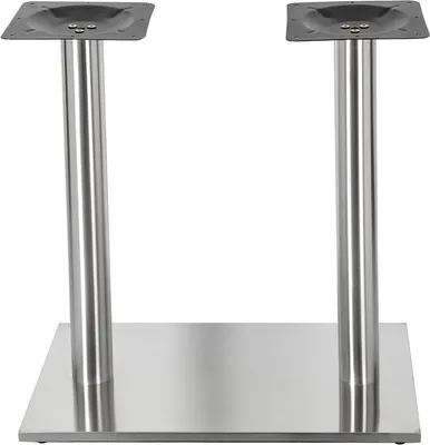 A pair of stainless steel table legs with a square base and top plate, shown against a white background.