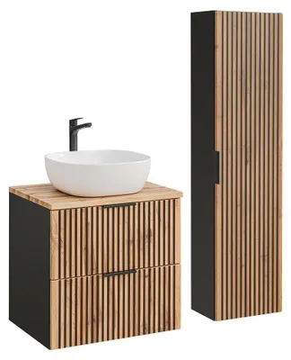 Produktbild von Waschtisch und Hängesäule 60.6cm Gaia mit 2 Schubladen, Eichenoptik und Schwarz