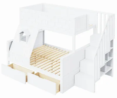 Productafbeelding van Houten kinderbed - Stapelbed - Bovenbed 90 x 200 cm - Onderbed 140 x 200 cm - Veiligheidsladder - Lades - Zonder matras - Wit