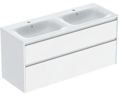 Produktbild von Geberit Renova Plan Set Doppelmöbelwaschtisch schmaler Rand, mit Unterschrank, zwei Schubladen: 130x62.1x48cm, Breite Waschtisch=130cm, Waschtisch: weiß, Korpus, Front: weiß / lackiert seidenglänzend