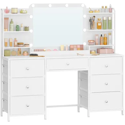 Immagine prodotto di Comò da trucco con illuminazione a LED, specchio HD, 7 cassetti, 6 scomparti, bianco, 150 cm