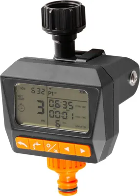 A digital water timer with an LCD screen and buttons.