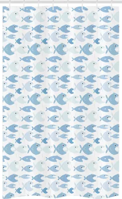 Image de ABAKUHAUS Poisson Rideau de douche étroit, motif Tropical Piranha, ensemble de décoration pour salle de bain en tissu avec crochets, 120 x 180 cm, bleu clair bleu clair