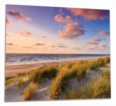 Produktbild von Wallario Herdabdeckplatte aus Glas, Größe 60 x 52 cm 2-teilig, Motiv Abendspaziergang am Strand - Sonnenuntergang über dem Meer