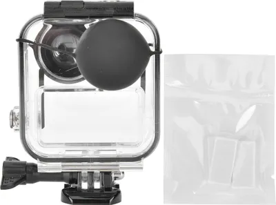 A waterproof housing for a GoPro MAX camera is shown with a floating accessory and anti-fog inserts.
