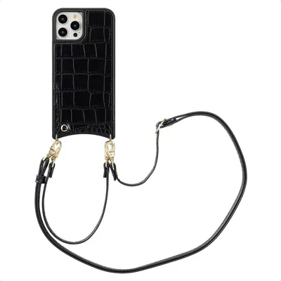 Zdjęcie produktu dla Etui na telefon Selencia Nova Croco ze sznurkiem i uchwytem na kartę do Apple iPhone 12 (Pro) - czarny