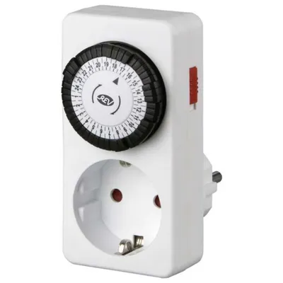 A white mechanical timer with a dial and a European-style socket.