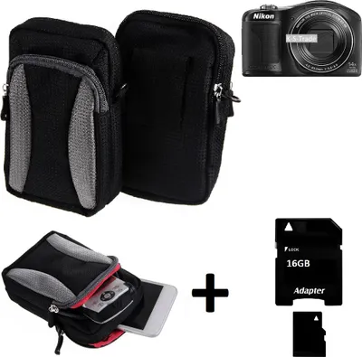 Produktbild von Kompatibel mit Nikon Coolpix L610 Gürtel Tasche Holster Umhänge Tasche Fototasche Schutz Hülle schwarz-grau + Extrafach K-S-Trade