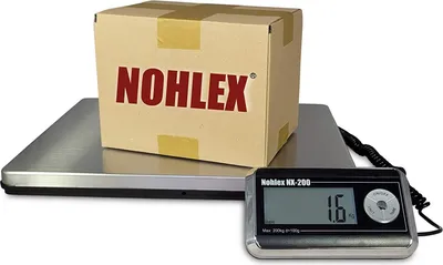Produktbild von Nohlex Paketwaage 200kg/100g. Robuste Plattformwaage in professioneller Qualität. Mit Edelstahl Wägeplatte 40x31cm. Inklusive Netzteil.