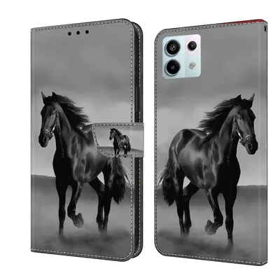 Produktbild von CLM-Tech Handyhülle kompatibel mit Xiaomi Redmi Note 13 Pro 5G Hülle - Tasche aus Kunstleder - Klapphülle mit Ständer und Kartenfächern - Schutzhülle Wallet Case Cover Pferd in schwarz grau