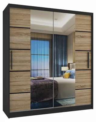 Image de BELINI Verona ME, armoire coulissante de 133 cm, noire/chêne sonoma mat - Armoire avec miroir et 2 tiroirs, pour chambre à coucher