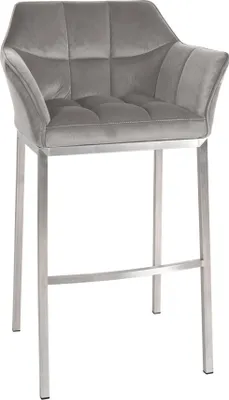Zdjęcie produktu dla Stołek barowy - Completion - aksamitna tapicerka, elegancki design | Kolor: szary | Kolor podstawy: stal nierdzewna