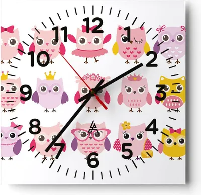 Produktbild von Wanduhr - Quadrat - Glasuhr - Eule süß spaß dekoration - 40x40cm - Schleichendes Uhrwerk - Lautlos - zum Aufhängen bereit - Dekoration Modern - Wanddekoration aus Glas - C4AC40x40-2845